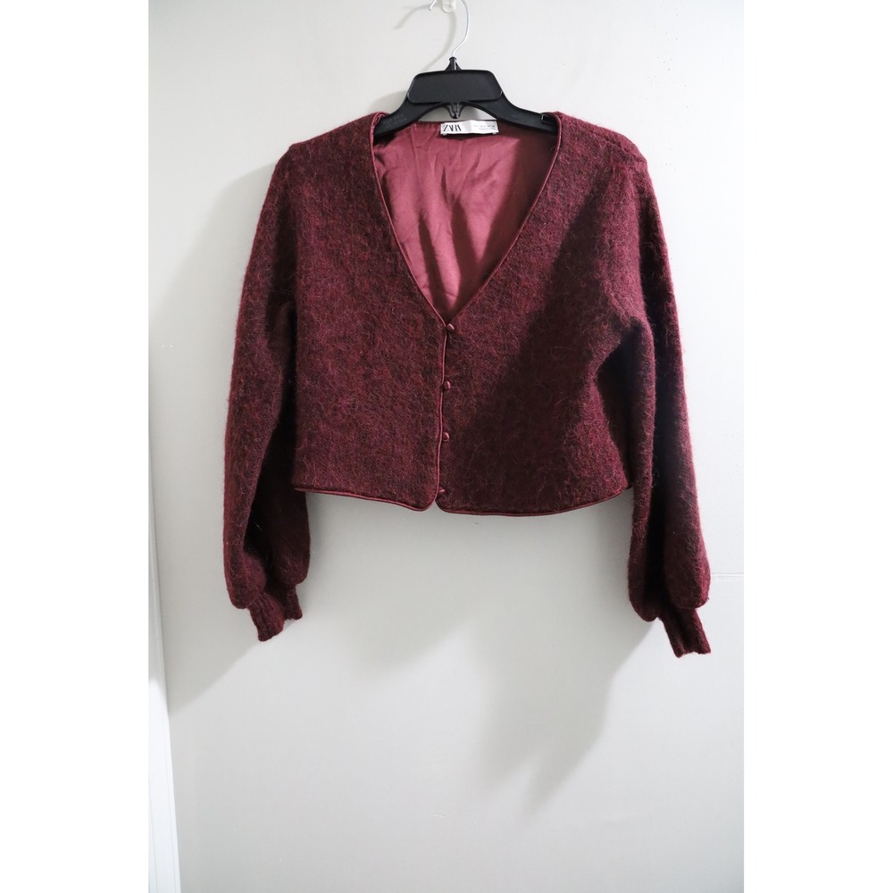 Zara Womens Burgundy Fuzzy Cropped Cardigan V-Neck Lantern Sleeve Lined Large